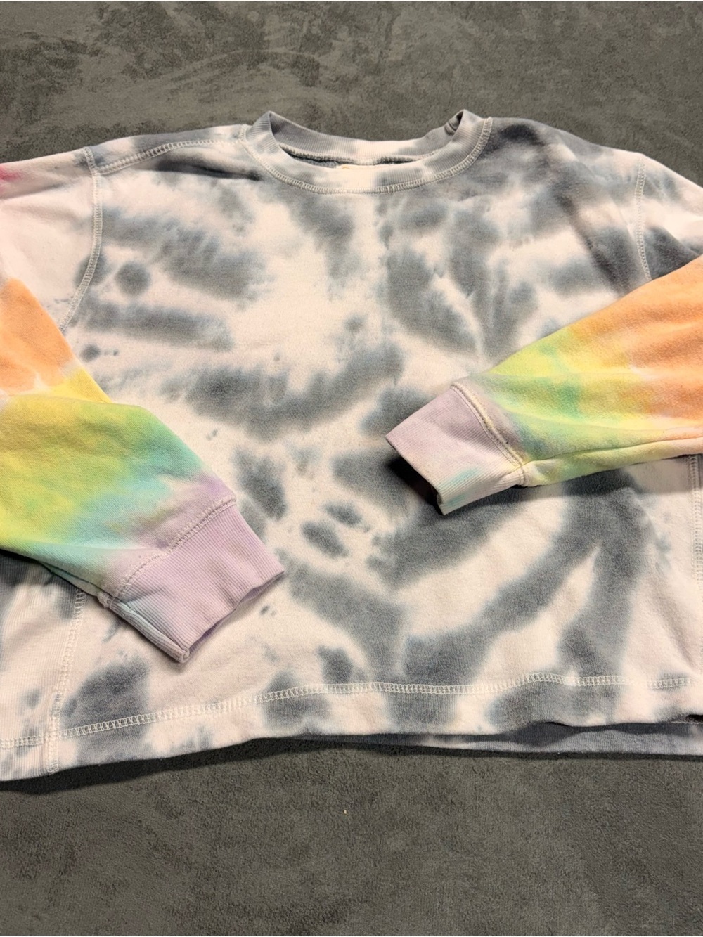 Ocean Drive Kids Tie-Dye Sweatshirt in Gray with Pastel Rainbow Sleeves